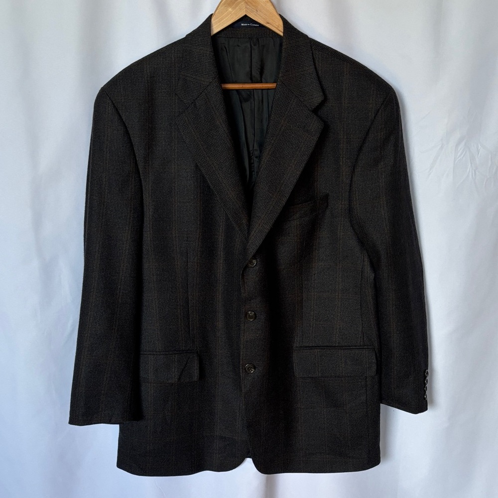 Chaps Ralph Lauren Men's 100% Lambswool Gray Brown Windowpane Size 46R EUC